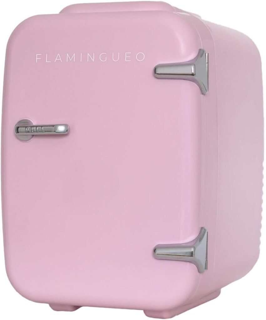 Mini nevera Flamingueo Beauty Cooler en color rosa, estilo vintage para cosméticos
