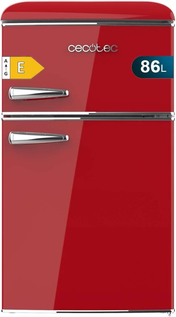 Mini nevera Cecotec de 86 litros en color rojo con doble puerta, perfecta para hogar y oficina