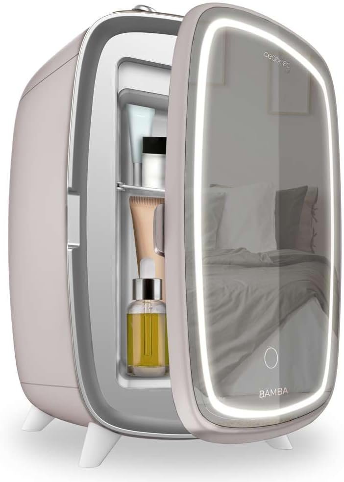 Mini nevera de cosméticos Cecotec Bamba CoolingBeauty 6000 Mirror Rose 6L gris con espejo y luz LED
