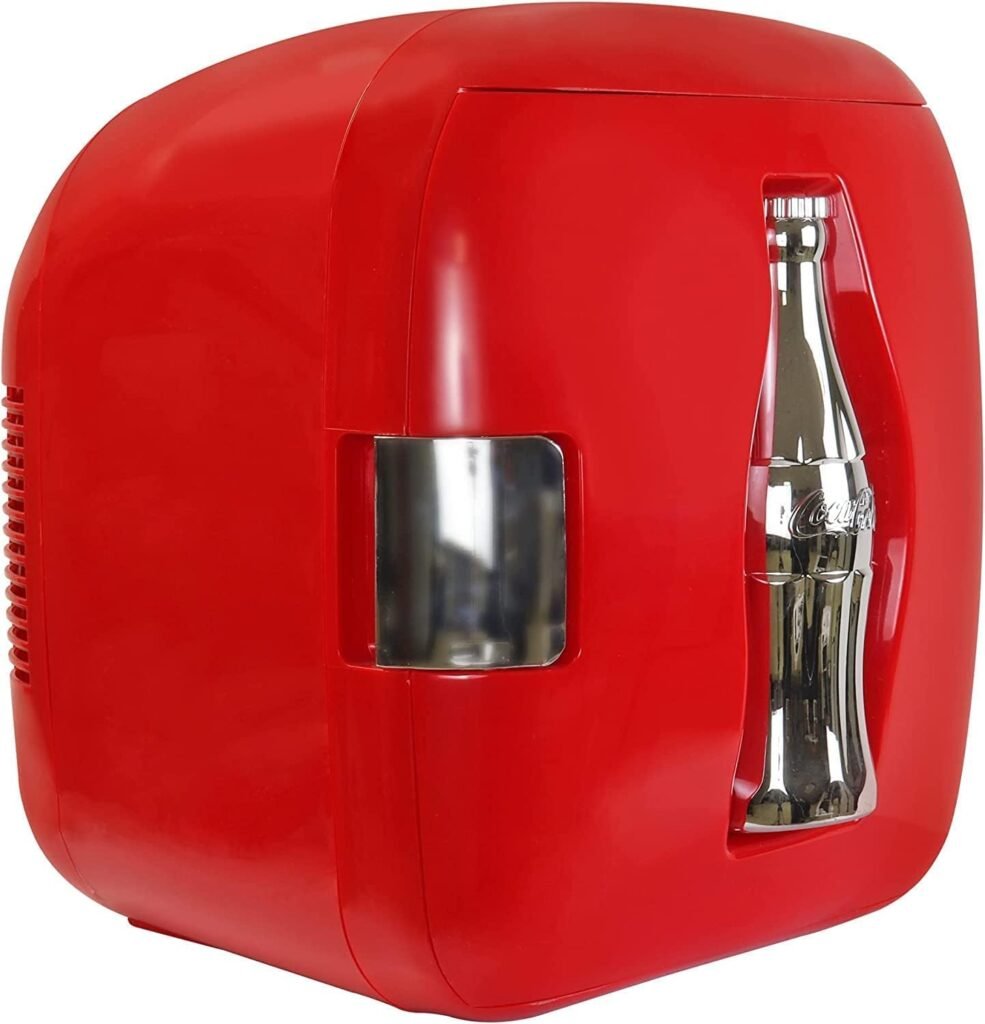 Mini nevera Koolatron Coca-Cola para 12 latas, diseño en forma de cubo con botella Coca-Cola incrustada, enfriador portátil AC/DC