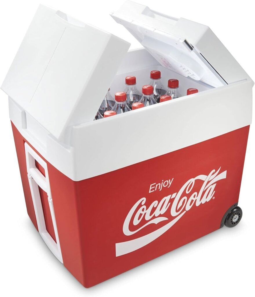 Nevera eléctrica portátil Mobicool Coca-Cola MT48W de 48 litros, en color rojo y blanco, para coche, camión y autocaravana